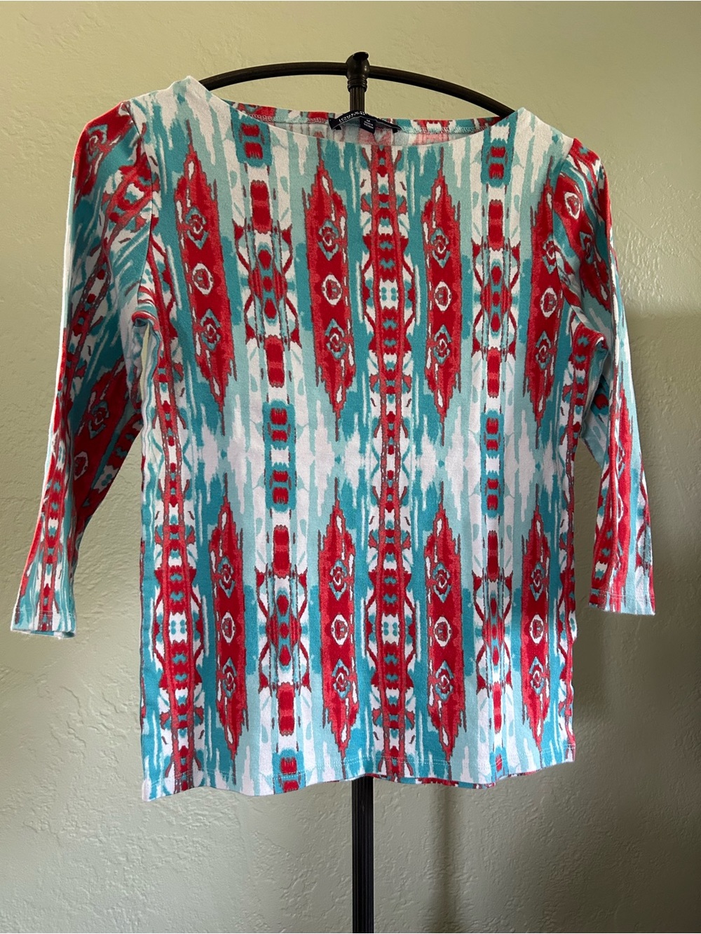 Jones New York Red and Teal Patterned Boatneck Top M